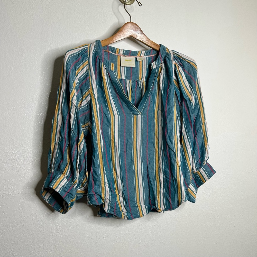 Anthropologie Maeve Teal Striped Oversized Balloon Sleeve Blouse Size Small - Picture 6 of 10